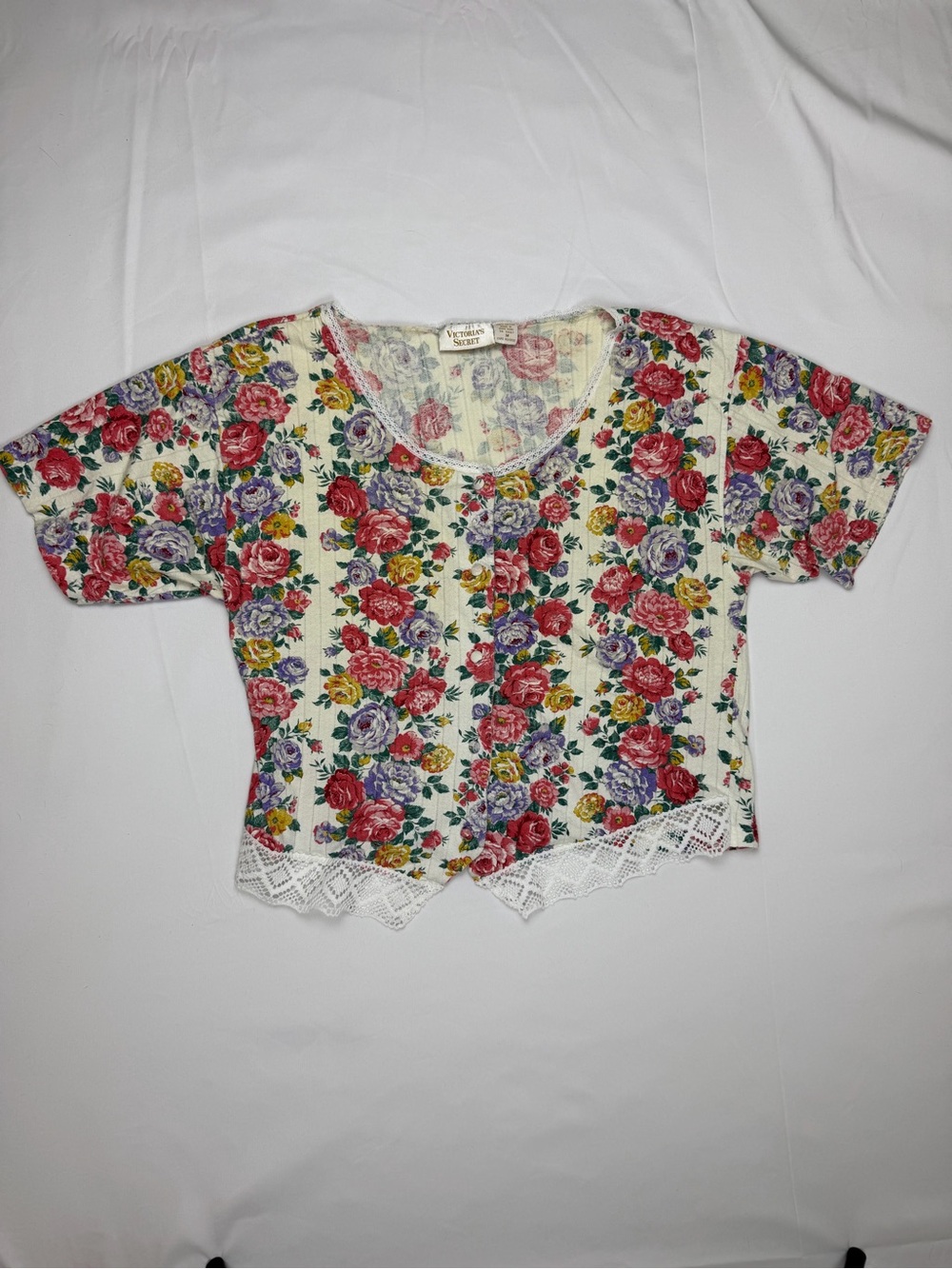Vintage Victoria’s Secret Gold Label Pajama Set M Floral Lace Cotton 90s